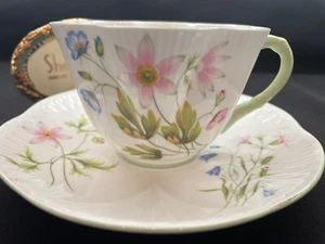 SHELLEY DAINTY SHAPE WILD ANEMONE LIGHT GREEN TRIM  CUP AND  SAUCER  #13977 - Foto 1 di 5