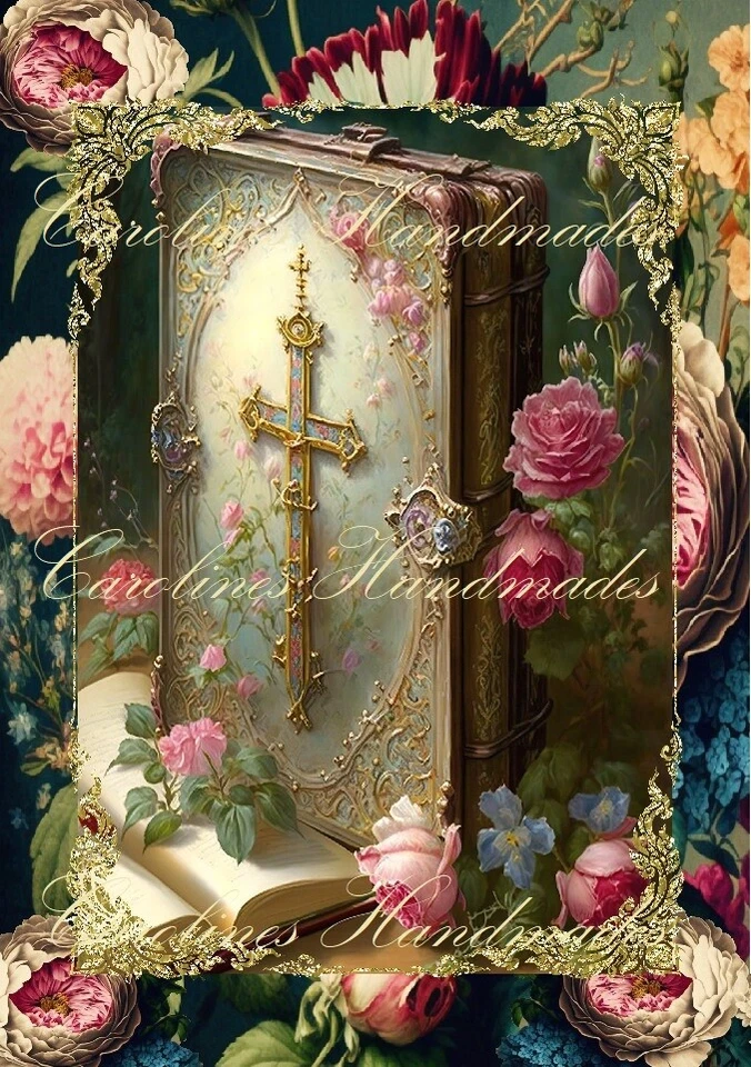 Bible With Cross & Roses Designer Cotton Fabric Quilt Block Multi Size - Image 1 of 1