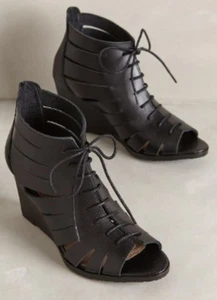 Anthropologie Booties 8 KMB Boots COULLIOURE Wedges Lace-Up Black 38 Spain NIB - Picture 1 of 5