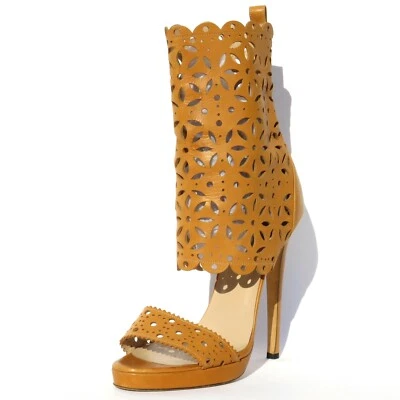 OSCAR DE LA RENTA Camel Tan Floral Laser Cut Leather Open Toe Sandals Pumps 40 - Изображение 1 из 4