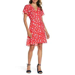 French Connection Women's Verona Saffron Red Floral Wrap Dress Size 0 - Picture 1 of 6