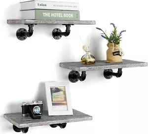 3PCS Rustic Wall Mounted Wood Floating Shelf with Industrial Metal Pipe Brackets - Picture 1 of 7