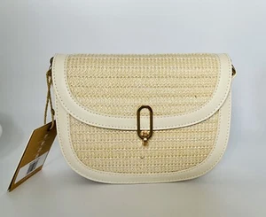 Vegan Leather Bag Woven Straw Purse Gold Buckle Crossbody & Shoulder Nice Straps - Picture 1 of 12