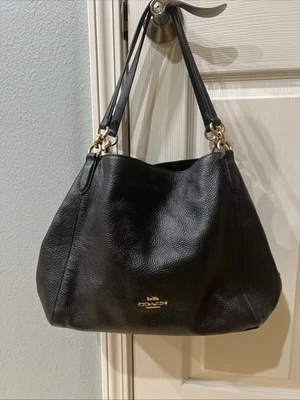 Coach Hallie Hobo Black Pebble Leather Shoulder Bag Gold Metal Hardware F80268 - Image 1 of 4
