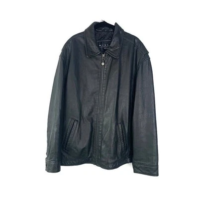 Jaqueta de couro preta masculina Winlit GG com fecho de zíper e bolsos laterais - Imagem 1 de 4