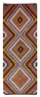 5x12.5 Ft Colorful Handmade Turkish Kilim, Vintage Diamond Design Runner Rug - Image 1 of 4
