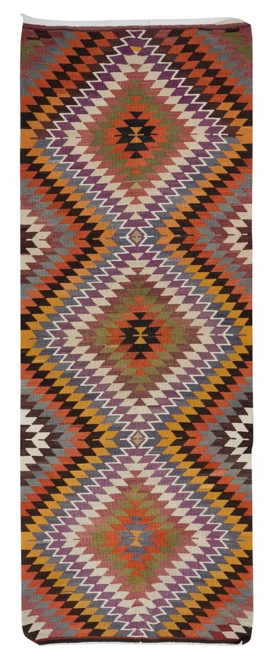 5x12.5 Ft Colorful Handmade Turkish Kilim, Vintage Diamond Design Runner Rug - Image 1 of 4