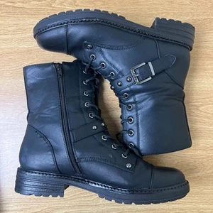 GBG Guess Boots Womens 9 M Gggeslina Ankle Combat Black Faux Leather Lace Up - Picture 1 of 12