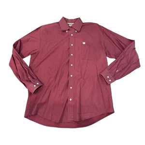 CINCH Mens Medium Burgundy Dot Print Long Sleeve Western Button Down Shirt - Picture 1 of 10