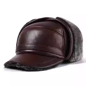 Winter Bomber Hat Men Ushanka Ear Flaps Fur Warm Genuine Leather Trapper Hat - Picture 1 of 14