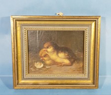 Antikes Gemälde * Küken * Ölbild auf Holz Miniatur * L. Kupferschmid * 19. Jhd