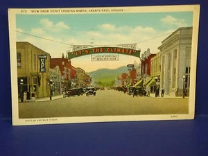 Tarjeta postal a color vintage View Depot Looking North Grants Pass Oregon 1937 PC7 - Imagen 1 de 2