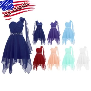 Flower Girl One Shoulder Dress Irregular Dresses Princess Pageant Ball Gown - Picture 1 of 52