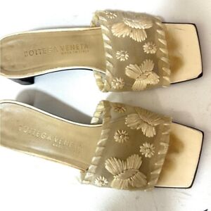 Vintage BOTTEGA VENETA Heeled Slides Linen Mesh Floral Womens Sandals -Size 5.5