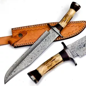 Handmade Damascus Steel 15 Inches Bowie Knife – Elk Deer Horn Handle,With Sheath - Picture 1 of 11