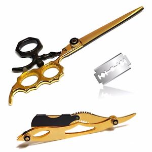 J420 Steel Sharp Black&Gold Pro Barber Shears/Scissors Straight Edge Razor Blade