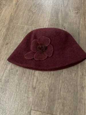 Liz Claiborne Vintage Cloche Sombrero Lana �� Borgoña, Adorno Floral Foto 1 de 4