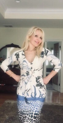 Roberto Cavalli Sexy Stretch Blue White Floral Party Dress IT 44 46 US L 10-12 - Image 1 of 4