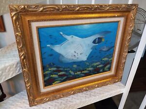 Vintage Old Aquarium Tropical Fish Manta Ray Passer Angel Framed Oil Painting