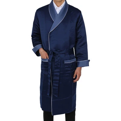 Bata larga de satén para hombre - totalmente forrada - azul marino - peso pesado Foto 1 de 4