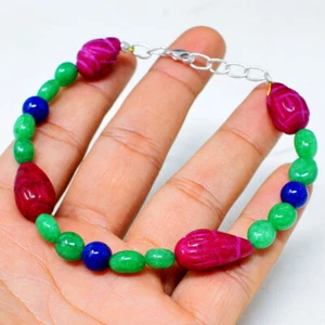 105.00 Cts Earth Mined ENHANCED  Ruby,Emerald & Sapphire Beads Bracelet NK 08E77 - Picture 1 of 2