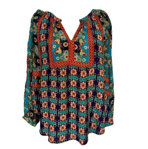 Tolani Top XS Seide Blumen blau Bauern Gypsy Boho V-Ausschnitt fließend Langarm - Bild 1 von 7