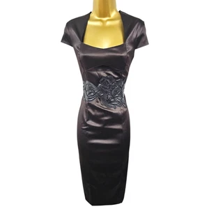 Karen Millen Vintage 10 UK Brown Satin Pencil Dress PU Flower Applique Cocktail - Picture 1 of 15