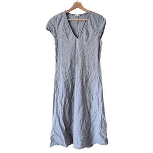 Eileen Fisher 100% Linen Midi Dress Medium - Blue Gray Organic Popover Natural - Picture 1 of 7