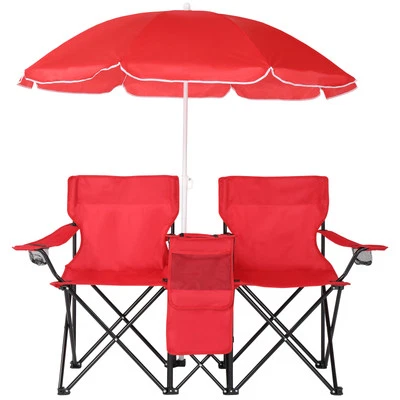 Double Folding Chair Picnic Cooler Camping Beach with Removable Sun Umbrella - Image 1 of 4