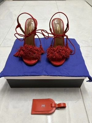 Aquazurra Wild Thing 105 Lipstick Red Suede Sandals Size 35 — 第 1/4 张图片