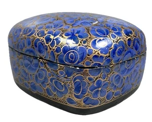Vtg Kashmir Papier Mache Blue Floral Trinket Box Hand-painted Gold Detail India - Picture 1 of 13