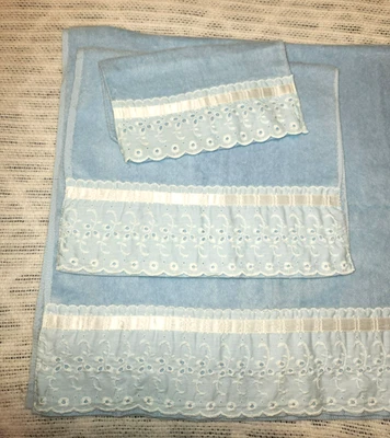 Винтажный синий полотенце набор из 3 отверстия границы на после ванны роскошь на J. Abouchar - Изображение 1 из 4