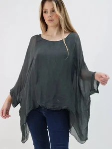 M-Made in Italy Lagenlook Silk Blend Batwing Tunic Top Blouse NWT Size Large - Picture 1 of 8