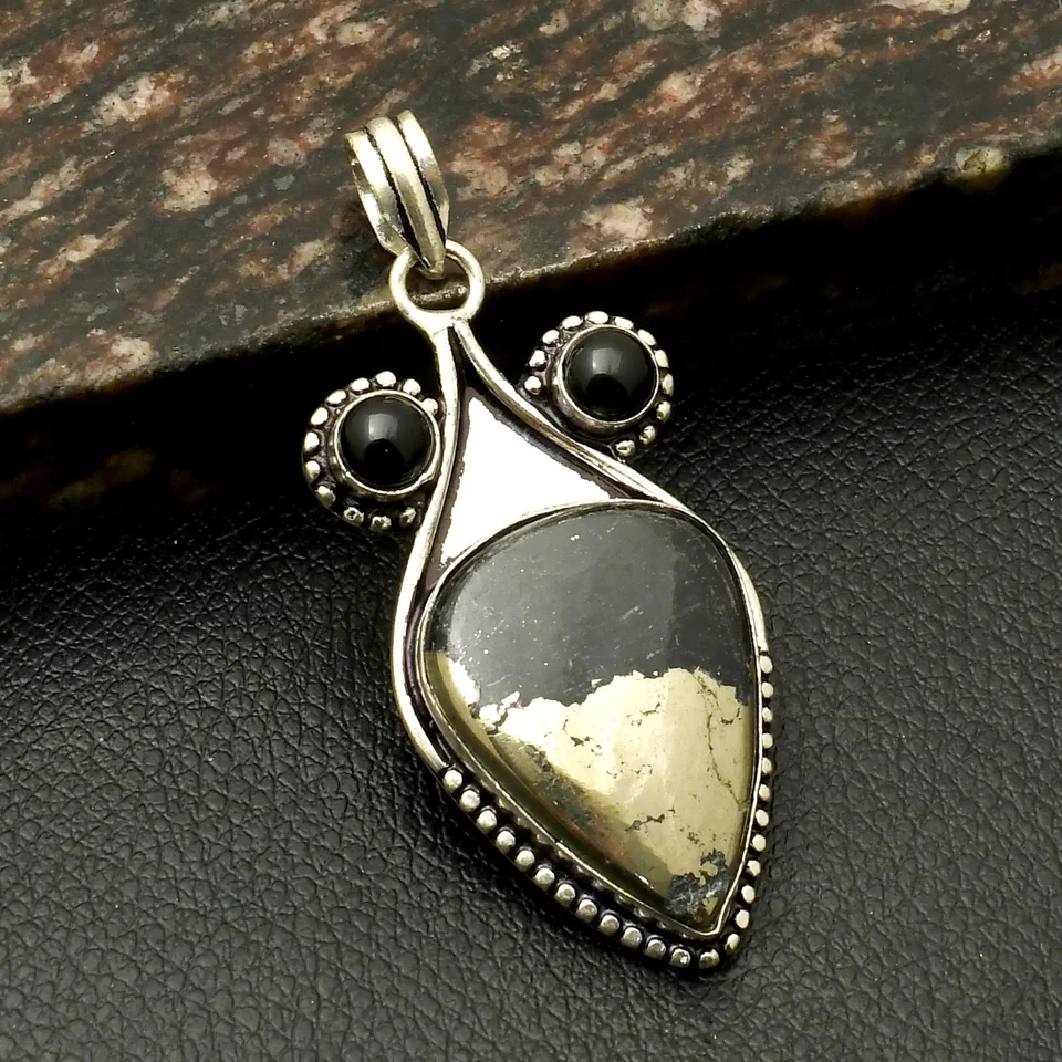 Pingente étnico feminino de pedra preciosa ônix preto pirita Apache 2,4" AP-43967 - Imagem 1 de 1