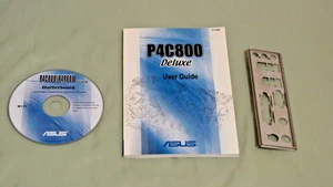ASUS P4C800 Deluxe Motherboard Manual, back panel, and factory accessories parts - Picture 1 of 2