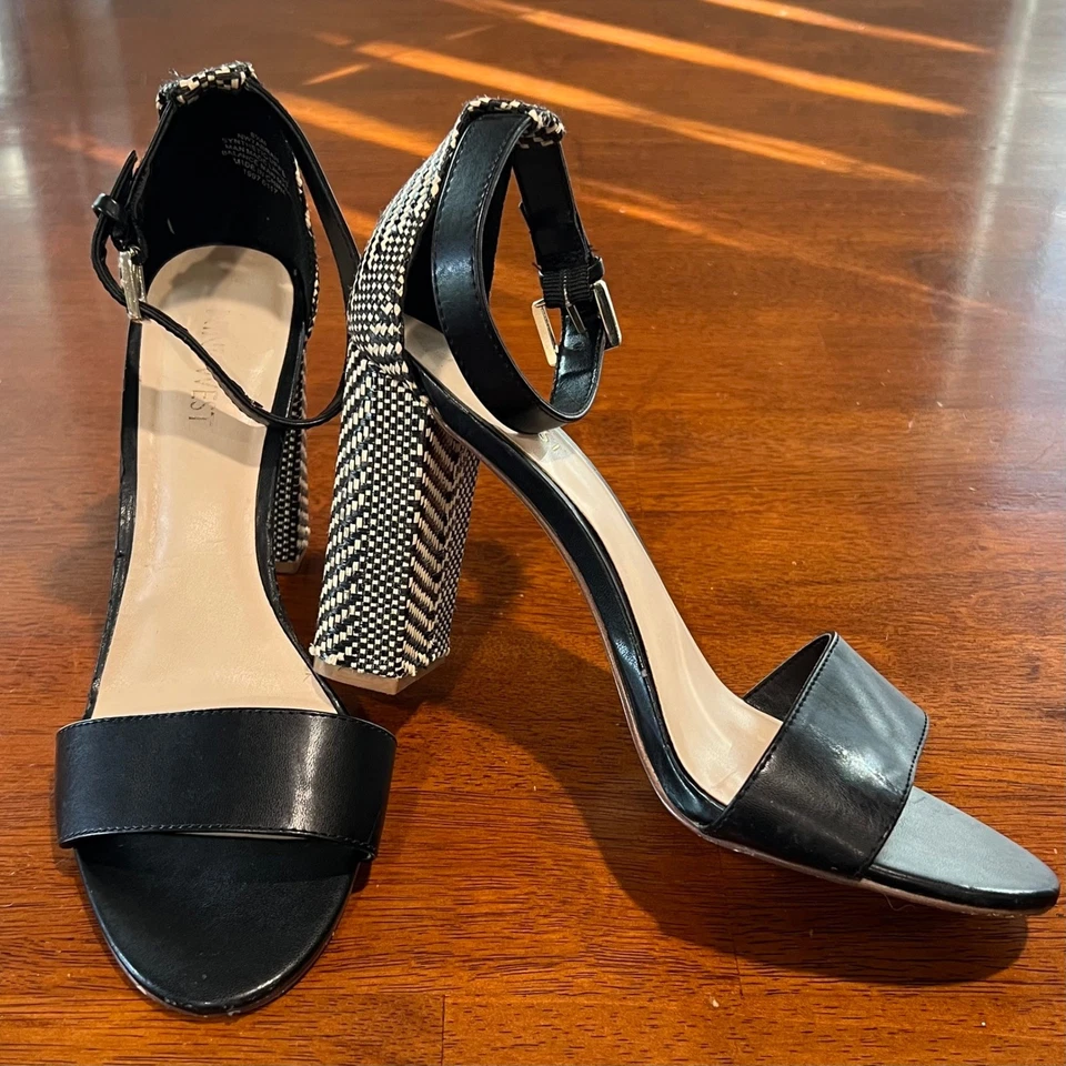 Sandalias para mujer Nine West negras blancas tejidas de tacón bloque con correa en el tobillo talla 8 1/2 M Foto 1 de 4