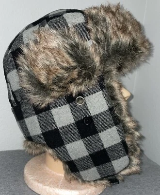 Wild Wear Camouflage Trapper Hat Faux Fur Black/Gray Check OSFM - Image 1 of 4