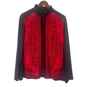 Susan Graver Jacket Long Sleeve Womens SZ XL Knit Flocked Full Zip Red Black - Picture 1 of 7