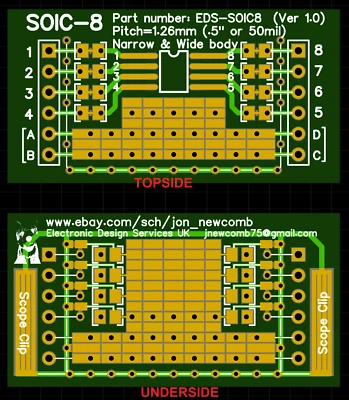 ELECTRONIC DESIGN SERVICES 8pcs SOIC8 SOIC-8 ADAPTOR PCB STRIPBOARD BREAKOUT BOARD - (0.05", 50mil, 1.26mm)