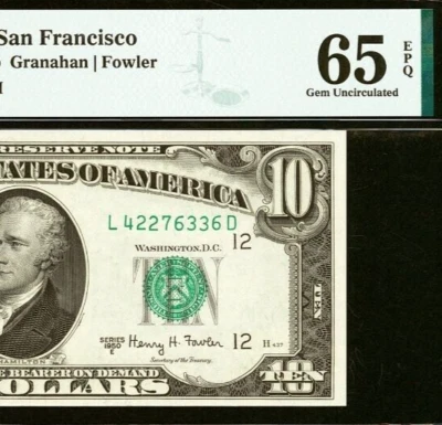 1950E $10 Federal Reserve Note PMG 65EPQ gem San Francisco Fr 2015-L - Image 1 of 3