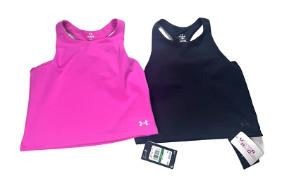 Under Armour Motion Crop Tank Tops Girl's L Pink & Black Built-In Sports Bra NEW - Image 1 of 4