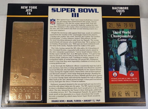 NFL SUPER BOWL III 22KT GOLD TICKET WILLABEE WARD NY JETS 16 BALTIMORE COLTS 7 Cover