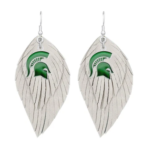 Michigan State Spartans Green White Boho Leather Feather Earrings Jewelry MSU Cover