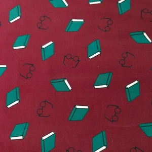 Bookworm Burgundy Poly Shirting Fabric 58" By The Yard Books and Glasses Print - Picture 1 of 9