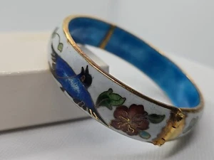 VTG CHINESE CLOISONNE ENAMEL GOLD GILT PLATE HINGED BANGLE BLUE BIRD BRACELET - Picture 1 of 13
