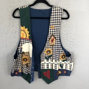 Handmade Vest Womens 2XL Blue Check 3D Sunflowers Folk Art Country Western - Picture 1 of 18