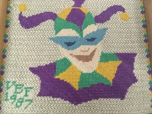 Vtg Framed Cross Stitch Mardi Gras NOLA Court Jester Purple Green Gold 1987 - Picture 1 of 5