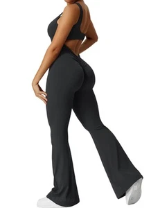 Women Sleeveless Flare Jumpsuits Sexy Backless Gym Bodycon Scrunch Butt Yoga ... - Picture 1 of 6