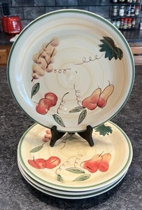 4 Tuscan Fruit Dinner Plates by Royal Norfolk Green Band Pears Grapes Apples - Picture 1 of 3