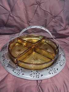 Vintage Farberware Chrome Tray Divided Dish With Amber Glass - Picture 1 of 8
